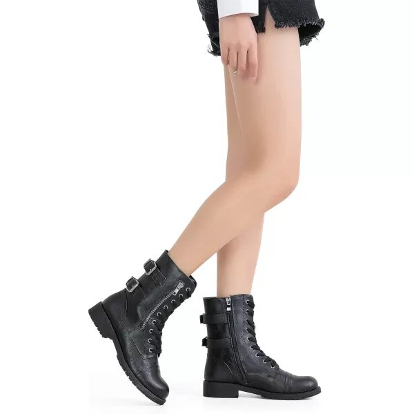 Vepose Womens 928 Military Combat Boots Mid Calf Bootswith Card Knife Wallet PocketAtwo Straps929black Pu