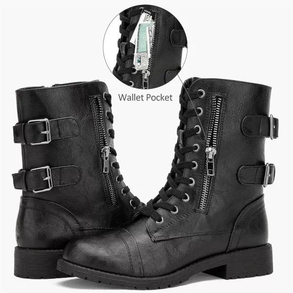 Vepose Womens 928 Military Combat Boots Mid Calf Bootswith Card Knife Wallet PocketAtwo Straps929black Pu