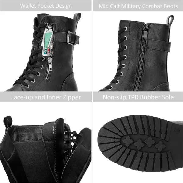 Vepose Womens 928 Military Combat Boots Mid Calf Bootswith Card Knife Wallet PocketBuckle Combat928black Pu