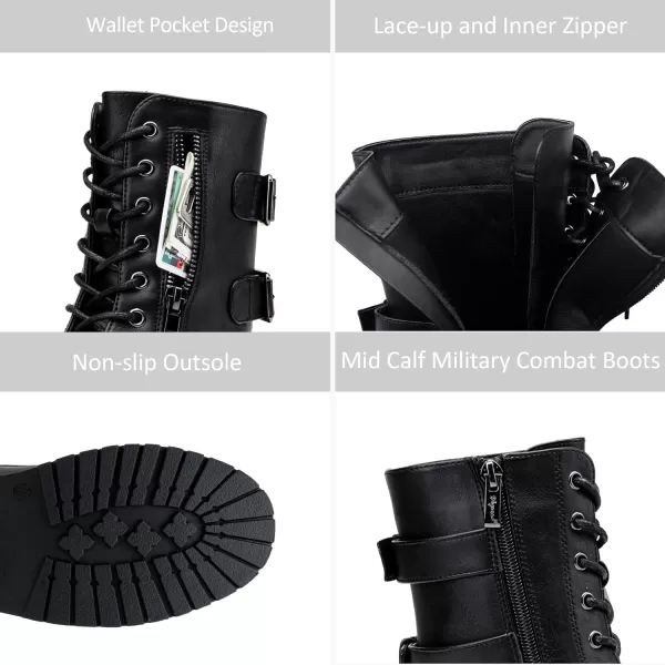 Vepose Womens 928 Military Combat Boots Mid Calf Bootswith Card Knife Wallet PocketHigh Combat929black