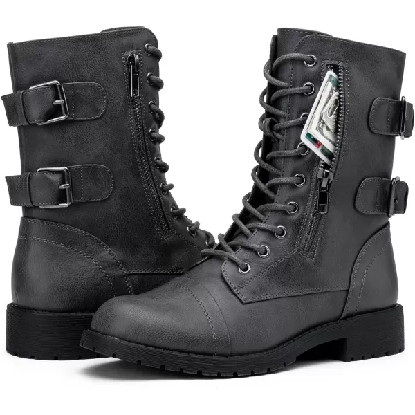 Vepose Womens 928 Military Combat Boots Mid Calf Bootswith Card Knife Wallet PocketHigh Combat929grey