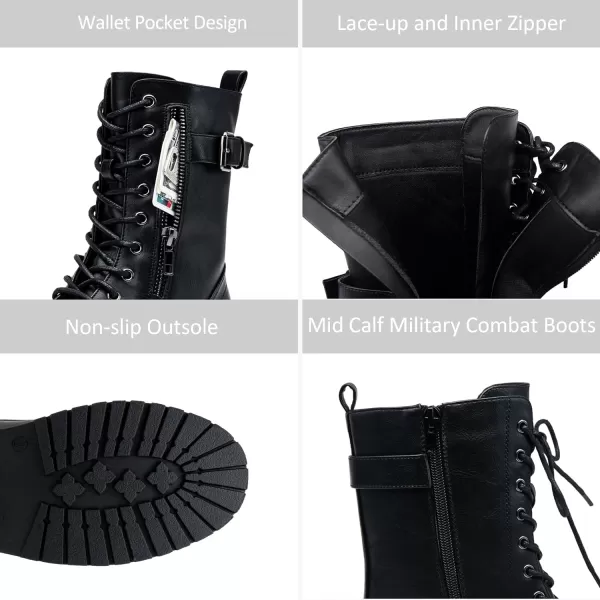 Vepose Womens 928 Military Combat Boots Mid Calf Bootswith Card Knife Wallet PocketMilitary928black