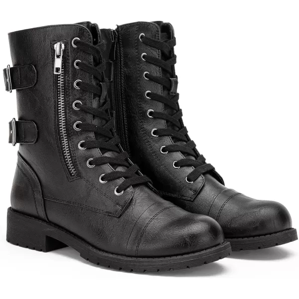 Vepose Womens 928 Military Combat Boots Mid Calf Bootswith Card Knife Wallet PocketTwo Straps929black Pu