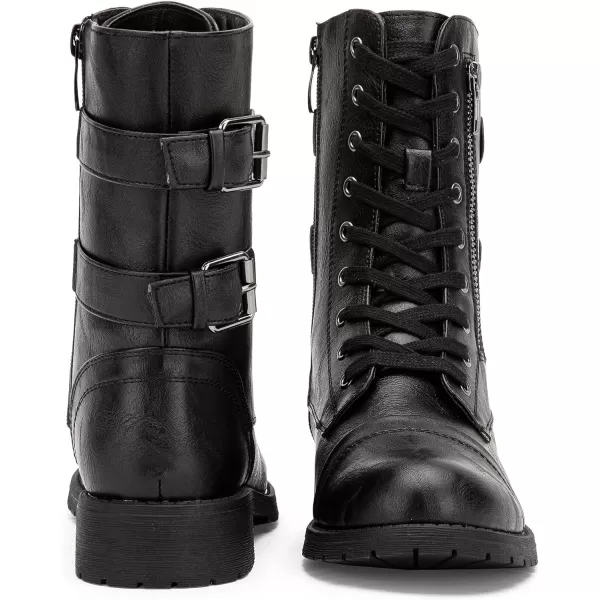 Vepose Womens 928 Military Combat Boots Mid Calf Bootswith Card Knife Wallet PocketTwo Straps929black Pu