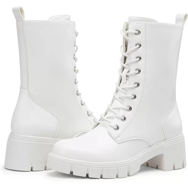 Vepose Womens 9650 Mid Calf Boots Lace Up Combat Boots Elastic Chunky Platform Boots for WomenMid Calf Boots9650all White