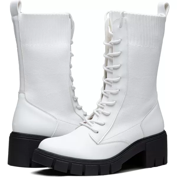 Vepose Womens 9650 Mid Calf Boots Lace Up Combat Boots Elastic Chunky Platform Boots for WomenMid Calf Boots9650white