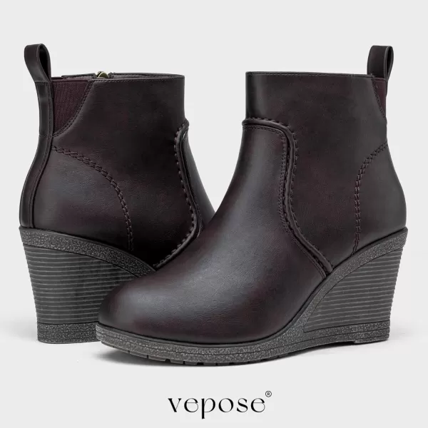 Vepose Womens 9679 Wedge Ankle Boots Classic Ankle Wedge Booties 3 Inches Heel with Side Zipper for LadyWedge Ankle Boots9679 Brown