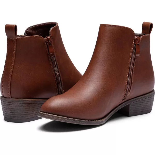 Vepose Womens Ankle Boots Low Heel Casual Boot Round Toe Zipper Booties for Women1050cognac