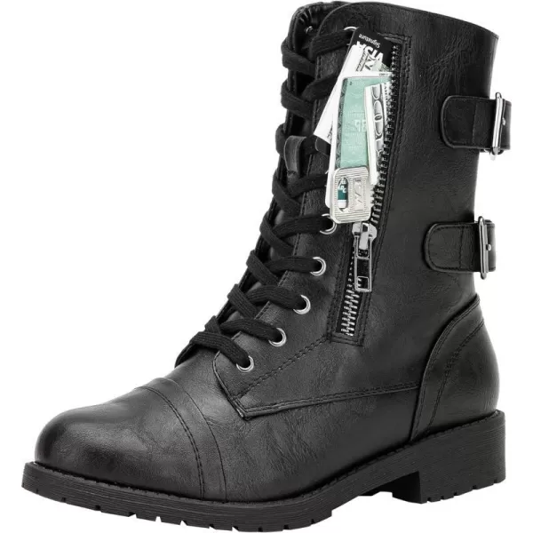 Vepose Womens 928 Military Combat Boots Mid Calf Bootswith Card Knife Wallet PocketAtwo Straps929black Pu