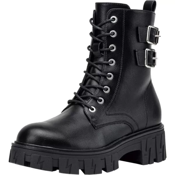 Vepose Womens 9612 Combat Boots Platform Ankle Booties Laceup Lug Sole Inner ZipperBuckle9612black