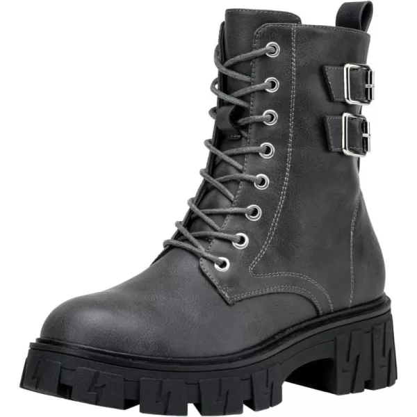 Vepose Womens 9612 Combat Boots Platform Ankle Booties Laceup Lug Sole Inner ZipperBuckle9612grey