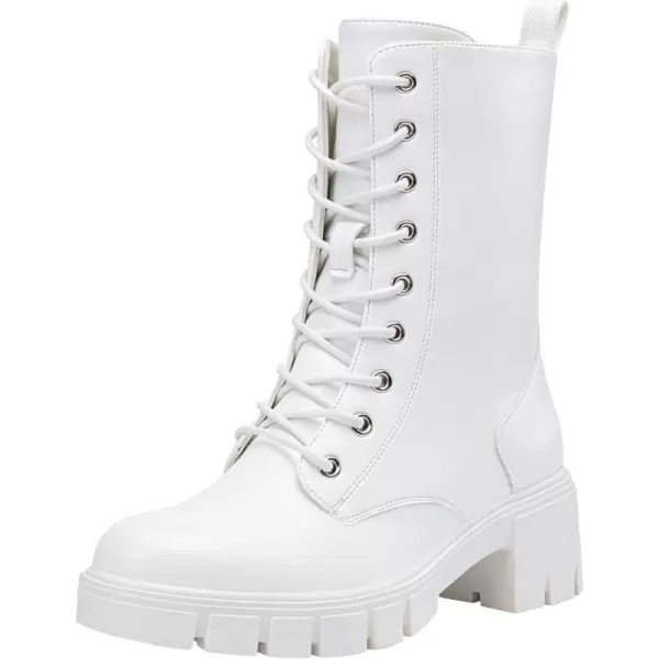 Vepose Womens 9650 Mid Calf Boots Lace Up Combat Boots Elastic Chunky Platform Boots for WomenMid Calf Boots9650all White