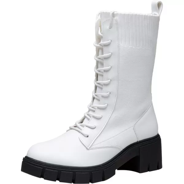 Vepose Womens 9650 Mid Calf Boots Lace Up Combat Boots Elastic Chunky Platform Boots for WomenMid Calf Boots9650white