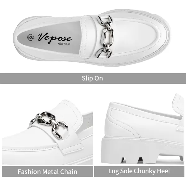 Vepose Womens 8081 Fashion Slip On Chunky Heel Casual Loafers Shoes Round Toe with ChainFashion Loafers8081white