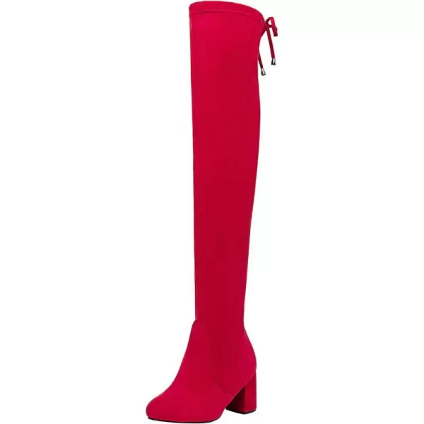 Vepose Womens Suede Boots Over the Knee High Vegan Chunky Heels Side Zipper Adjustable Opening ShoesSuede991red