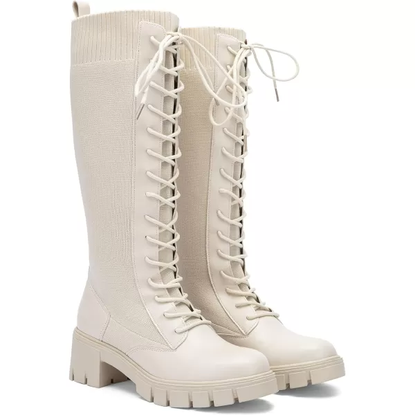 Vepose Womens 953 Lace Platform Combat Knee High Boots with Comfort Chunky HeelPlatform953beige