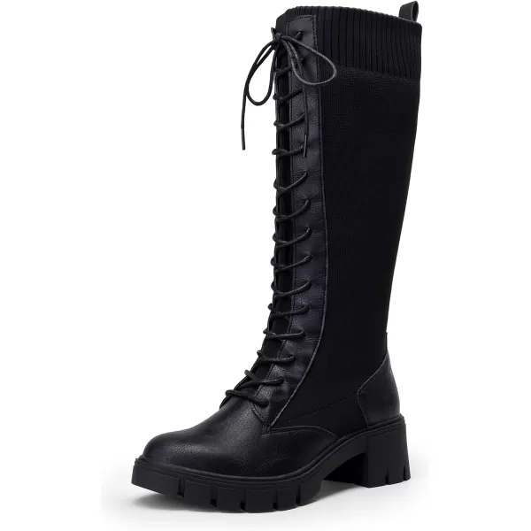 Vepose Womens 953 Lace Platform Combat Knee High Boots with Comfort Chunky HeelPlatform953black