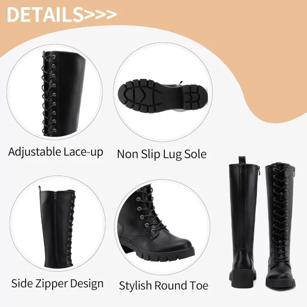 Vepose Womens 953 Lace Platform Combat Knee High Boots with Comfort Chunky HeelPlatform953blackpu