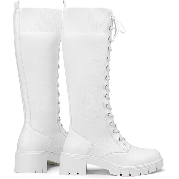 Vepose Womens 953 Lace Platform Combat Knee High Boots with Comfort Chunky HeelPlatform953white