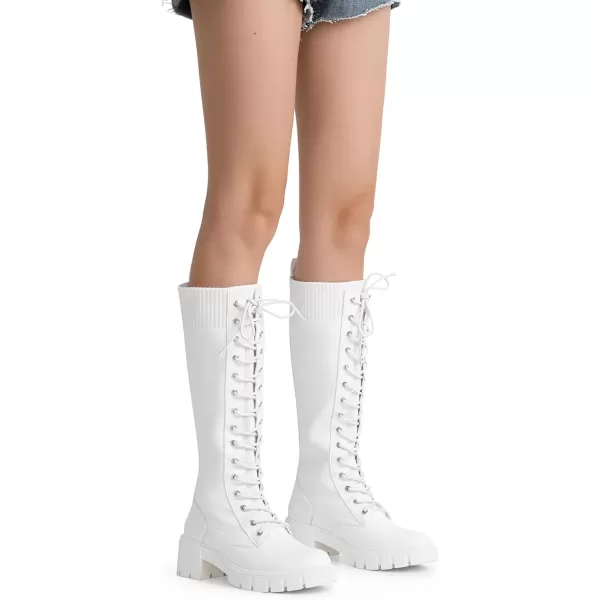 Vepose Womens 953 Lace Platform Combat Knee High Boots with Comfort Chunky HeelPlatform953white