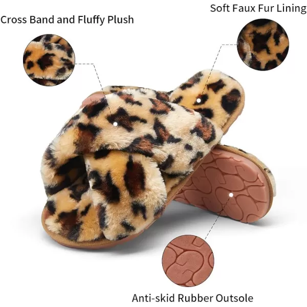 Vepose Womens Cross Band Slippers Soft Plush Furry Open Toe Fur Slides Fuzzy Fluffy Slip on House Shoes Indoor Outdoor SlippersCross Band801leopard