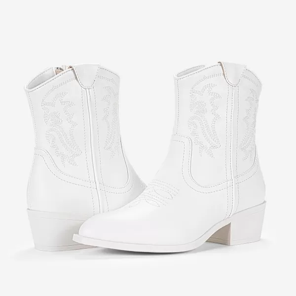 Vepose Womens 9816 Cowboy Boots Ankle Western Short Cowgirl Embroidered Round Toe Low Heel Booties with Side ZipperAwestern Cowboy Boots9816white