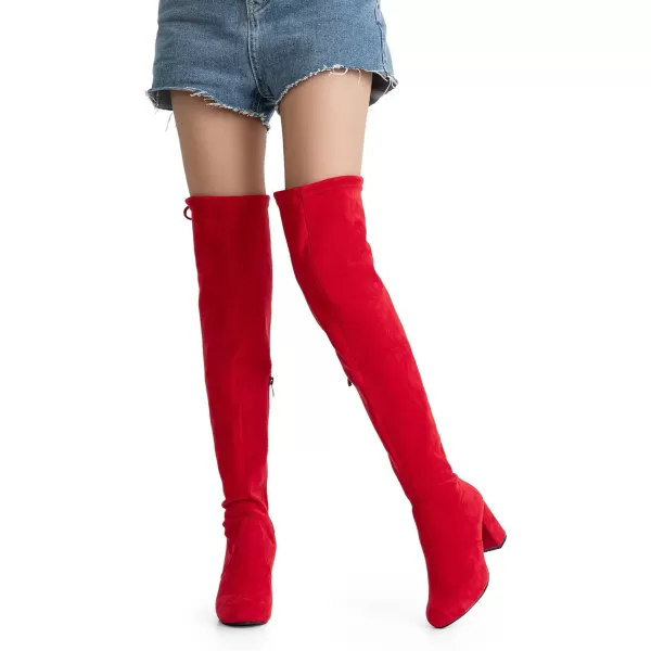 Vepose Womens 991 Suede Boots Over The Knee High Vegan 303 Inch Chunky Heels Side Zipper Adjustable Opening ShoesSuede991red