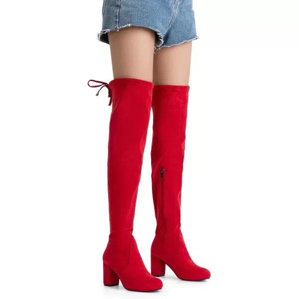 Vepose Womens 991 Suede Boots Over The Knee High Vegan 303 Inch Chunky Heels Side Zipper Adjustable Opening ShoesSuede991red