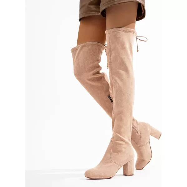 Vepose Womens 991 Suede Boots Over The Knee High Vegan 303 Inch Chunky Heels Side Zipper Adjustable Opening ShoesSuede991sand