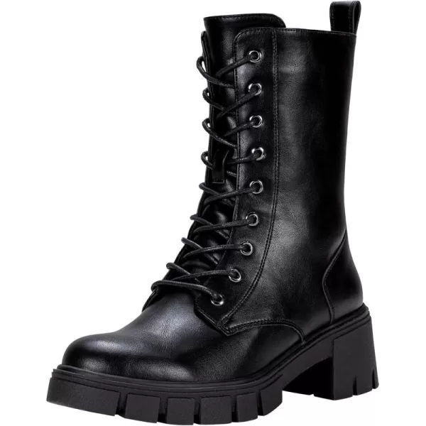 Vepose Womens 9650A Mid Calf Combat Boots Lace Up Elastic Chunky Platform Boot with Side ZipperAcombat Boots9650ablack Pu