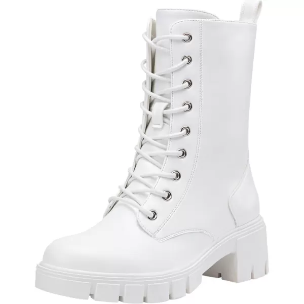 Vepose Womens 9650A Mid Calf Combat Boots Lace Up Elastic Chunky Platform Boot with Side ZipperCombat Boots9650aall White