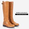 imageVepose Womens Riding Knee High Boots Calf Tall Stretch Retro Low Heel 952 Boots with ZipperCamel Brownriding Retro 952