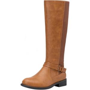 imageVepose Womens Riding Knee High Boots Calf Tall Stretch Retro Low Heel 952 Boots with ZipperCamel Brownknitting Boots 955