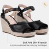 imageVepose Womens 880 Wedge Sandals Peep Toe 33quot Inch High Heel Platform Espadrilles Sandals with Ankle BucklePeep Toe880black Pu