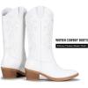 imageVepose Womens Cowboy Boots Embroidered Western MidCalf 9802 Cowgirl Boots Pointed Toe Pull on Boots with Chunky HeelTrendy9802white
