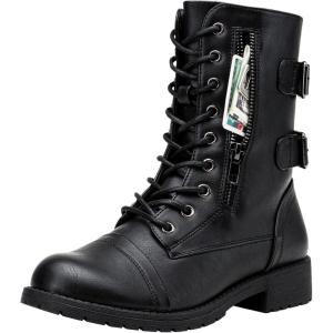 imageVepose Womens 928 Combat Boots Low Heel Mid Calf Military Boots with Card Knife Wallet PocketAhigh Combat929black