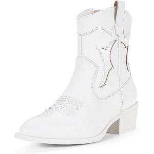imageVepose Womens 9816 Cowboy Boots Ankle Western Short Cowgirl Embroidered Round Toe Low Heel Booties with Side ZipperWestern Cowboy Boots9815white