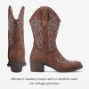 imageVepose Womens Cowboy Mid Calf Boots Cowgirl Western Embroidered Chunky Low Heel 9800 Boots with ZipperBrownmodern Cowboy