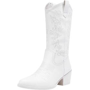 imageVepose 9803 Cowboy Boots Women Cowgirl Embroided Western Pull on Pointed Toe MidCalf Chunky Heel Boots with Inside ZipperWhitewestern9803