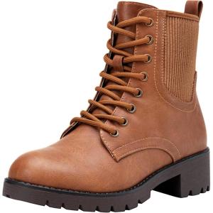 imageVepose Womens Ankle Boots Combat Lace up Booties with Inside ZipperBrown