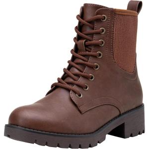 imageVepose Womens Ankle Boots Combat Lace up Booties with Inside ZipperCognac