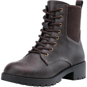 imageVepose Womens Ankle Boots Combat Lace up Booties with Inside ZipperDark Tan