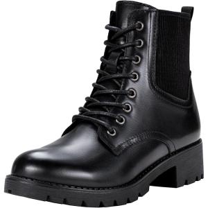 imageVepose Womens Ankle Boots Combat Lace up Booties with Inside ZipperLeather Black