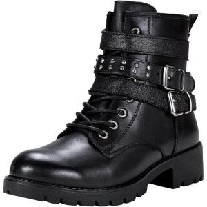 imageVepose Womens Ankle Boots Combat Lace up Booties with Inside ZipperLeather Moto Black