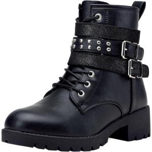 imageVepose Womens Ankle Boots Combat Lace up Booties with Inside ZipperMoto Black