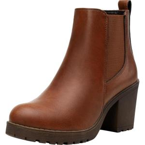 imageVepose Womens Ankle Chunky Heeled Boots Platform Chelsea Retro Short 999 Booties with ZipperCognac