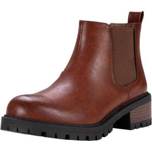 imageVepose Womens 9625 Chelsea Ankle Boots Chunky Low Heel Pullon Booties with Elastic and Lug SoleChelsea Boots9625cognac