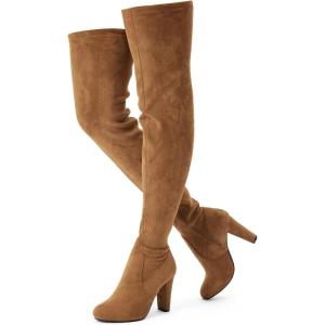 imageVepose Womens Aria Thigh High Over The Knee Boots Cute Suede Long Boots with High Heel and Inner ZipperCamel Brown Suede