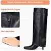 imageVepose Knee High Tall Long Boots for Women Square Toe Fold Over Fashion Cute Kitten Heel Faux Leather 9527 with Buckle Inside ZipperBlack9527