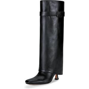 imageVepose Knee High Tall Long Boots for Women Square Toe Fold Over Fashion Cute Kitten Heel Faux Leather 9527 with Buckle Inside ZipperBlack9527